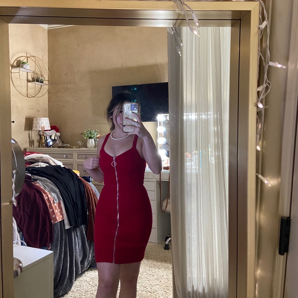 red corduroy zip up dress